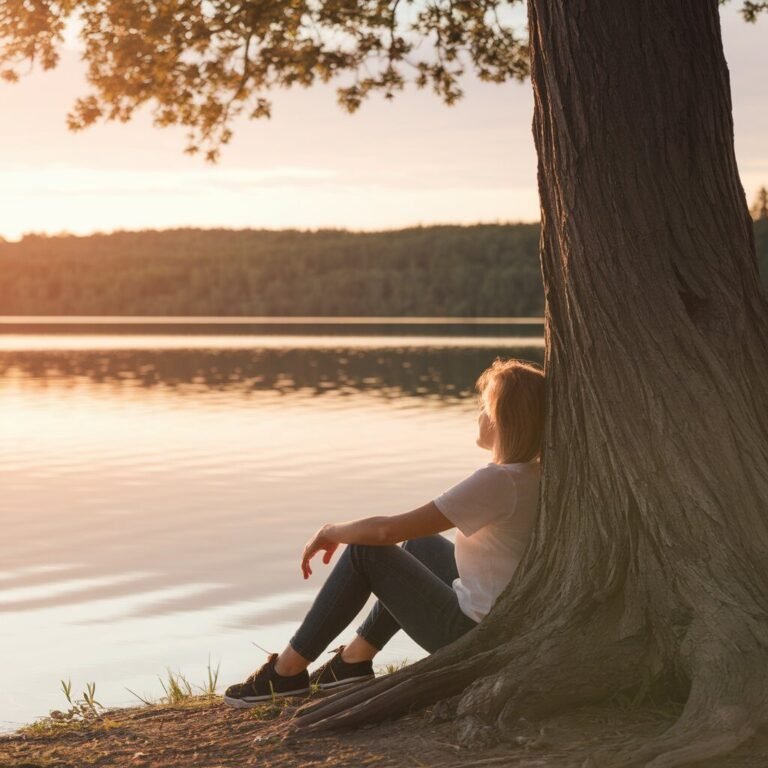 Person sitting peacefully by a lake under a tree – Trusted Supplement Brand for stress relief