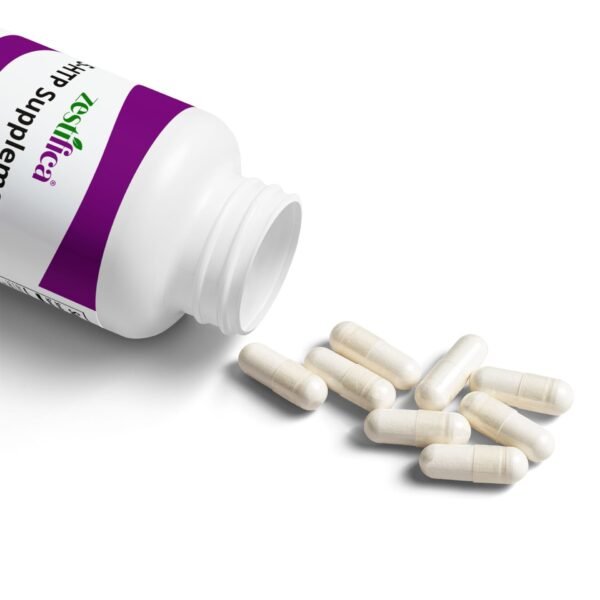 Capsules spilled out of Zestifica 5-HTP Supplement (60 Capsules) supplement