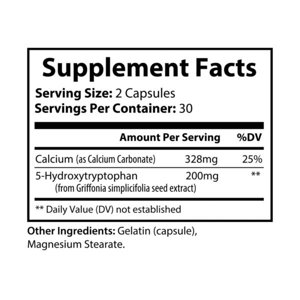Supplement facts label for Zestifica 5-HTP Supplement (60 Capsules)