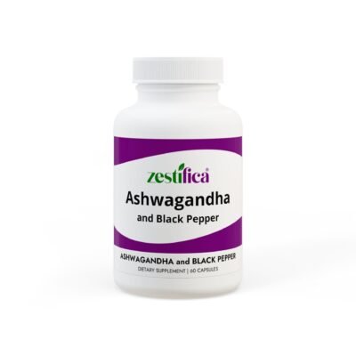 Front view of Zestifica Ashwagandha and Black Pepper Supplement (60 capsules) bottle