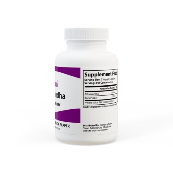 Side view of Zestifica Zestifica Ashwagandha and Black Pepper Supplement (60 capsules) packaging and product highlights