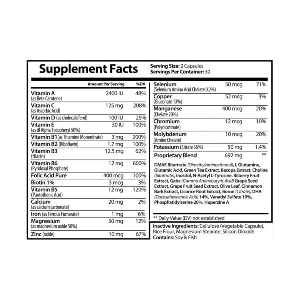 Supplement facts label for Zestifica Brain Support Complex Supplement (60 Capsules)