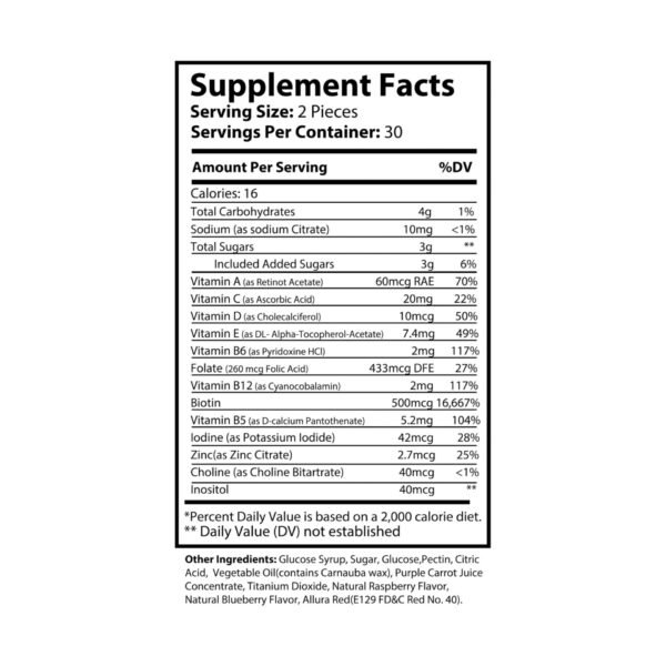 Supplement facts label for Zestifica Hair Vitamin Gummies (60 Gummies)