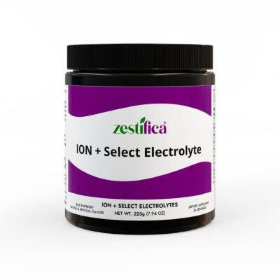 Side view of Zestifica Zestifica ION + Select Electrolyte Supplement (225g, 7.9oz) packaging and product highlights