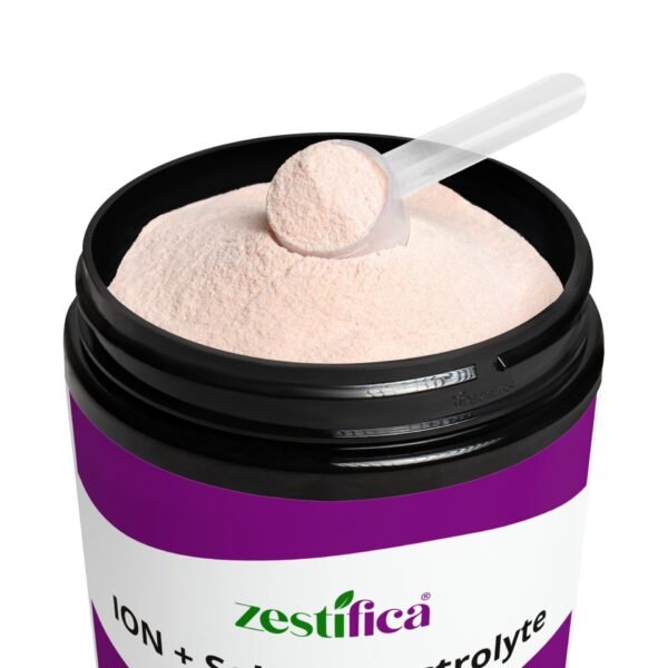 Open jar view showing Zestifica ION+ Select Electrolyte powder supplement with scoop (225g, 7.9oz)