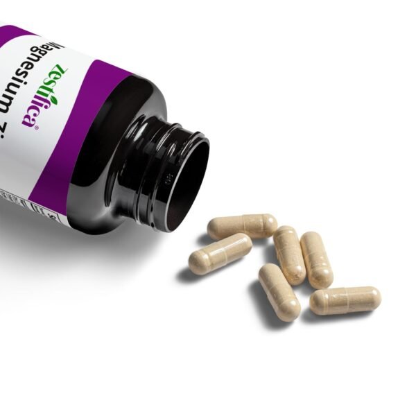 Capsules spilled out of Zestifica Magnesium Zinc Supplement (90 Capsules) supplement