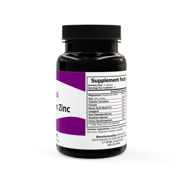 Side view of Zestifica Magnesium Zinc Supplement (90 Capsules) packaging and product highlights