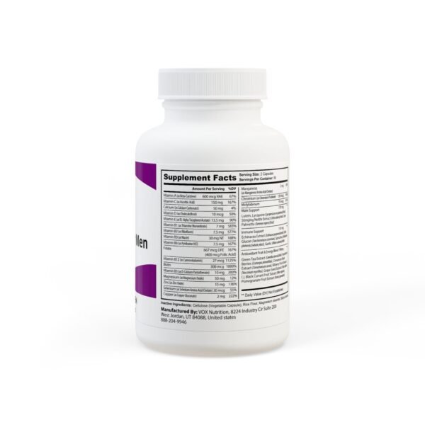 Side view of Zestifica Multivitamin for Men Supplement (60 Capsules) packaging and product highlights