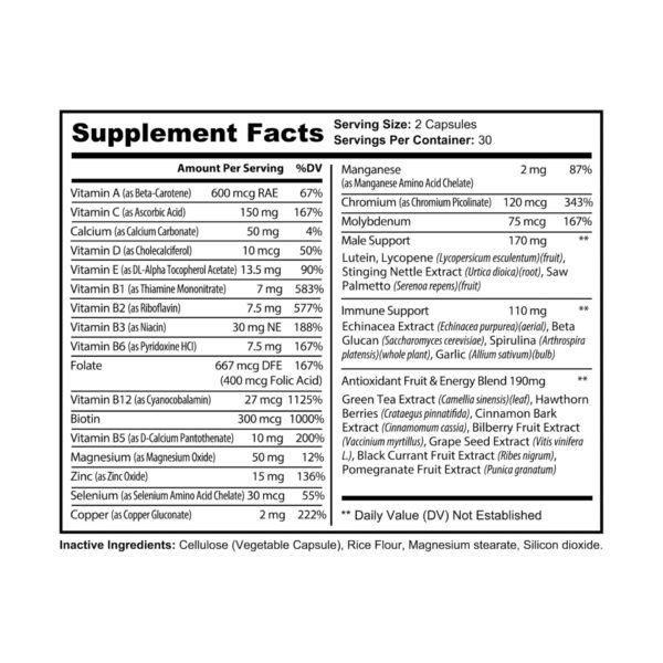 Supplement facts label for Zestifica Zestifica Multivitamin for Men Supplement (60 Capsules)