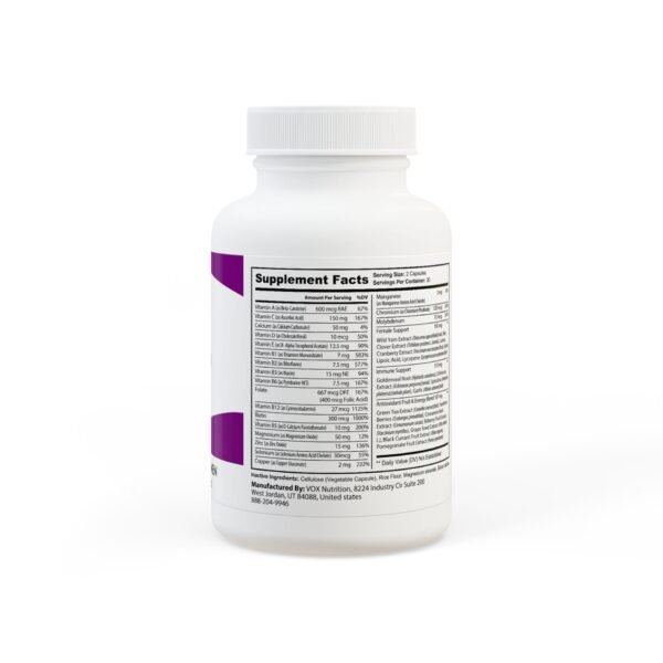 Side view of Zestifica Multivitamin for Women Supplement (60 Capsules) packaging and product highlights