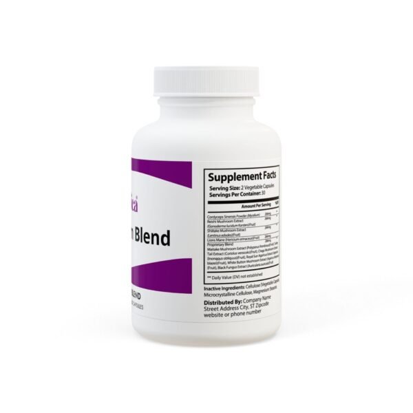 Side view of Zestifica Mushroom Blend Supplement (60 Capsules) packaging and product highlights