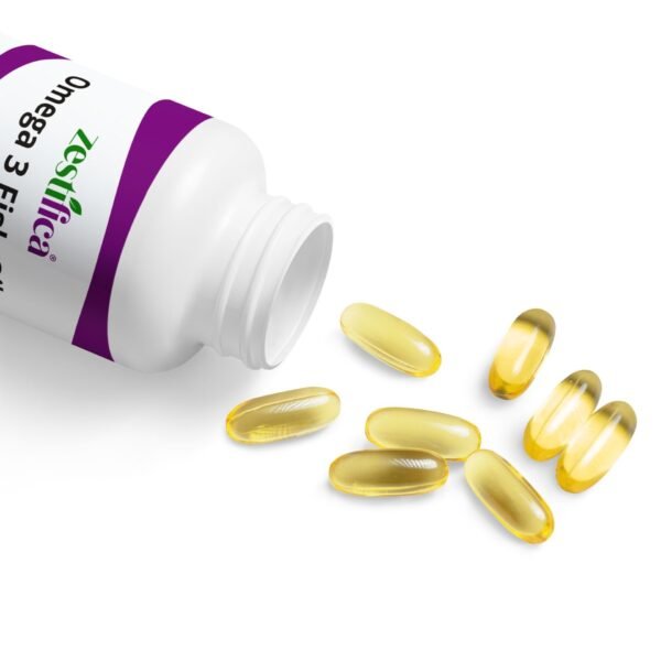 Capsules spilled out of Zestifica Omega 3 Fish Oil Supplement (60 Softgels) supplement