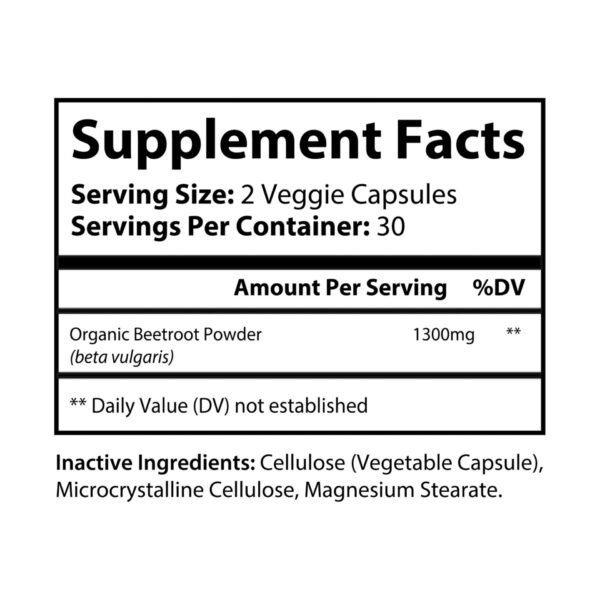 Supplement facts label for Zestifica Organic Beetroot (60 Capsules)