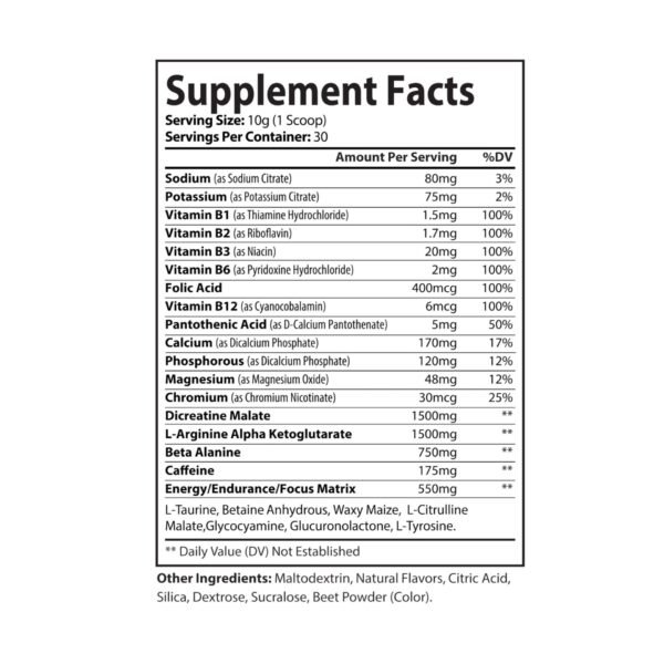 Supplement facts label for Zestifica Zestifica Pre-Workout Supplement, Watermelon (300g, 10.58oz)