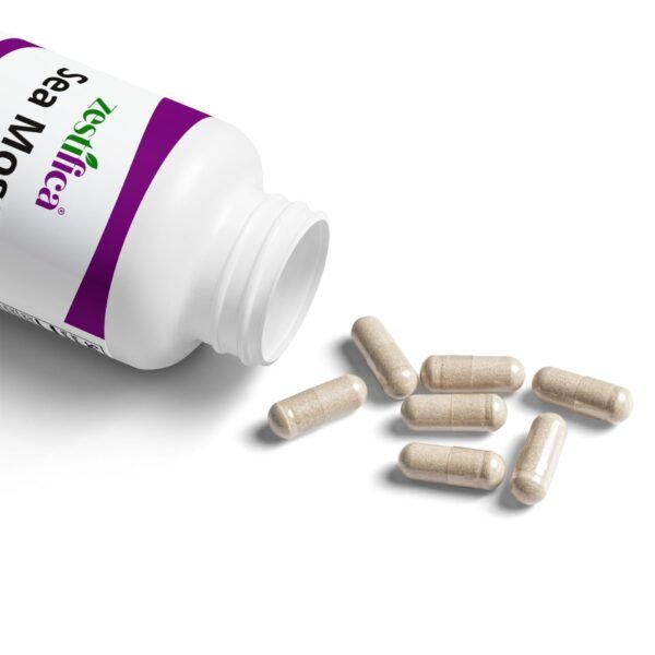 Capsules spilled out of Zestifica Sea Moss Supplement (60 Capsules) supplement