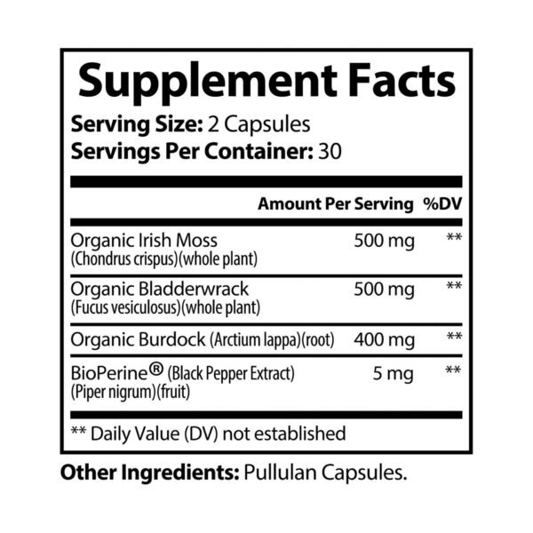 Supplement facts label for Zestifica Sea Moss Supplement (60 Capsules)