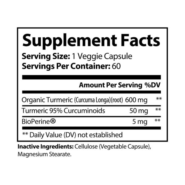 Supplement facts label for Zestifica Turmeric with BioPerine® Supplement (60 Capsules)