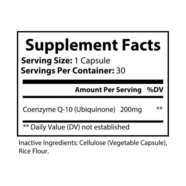Supplement facts label for Zestifica Zestifica CoQ10 (Ubiquinone) Supplement (30 Capsules)