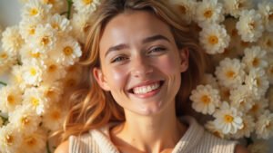 Smiling woman with glowing skin surrounded by daisies, representing collagen benefits for beauty and skin health
