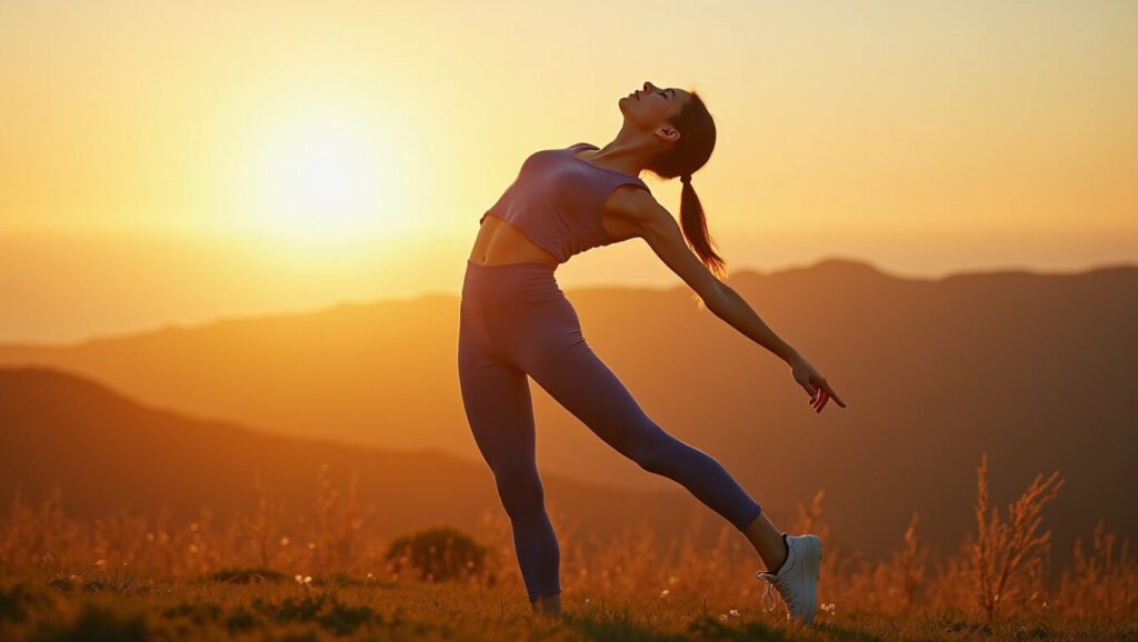Woman stretching at sunrise, representing collagen benefits for flexibility, joint health, and radiant skin