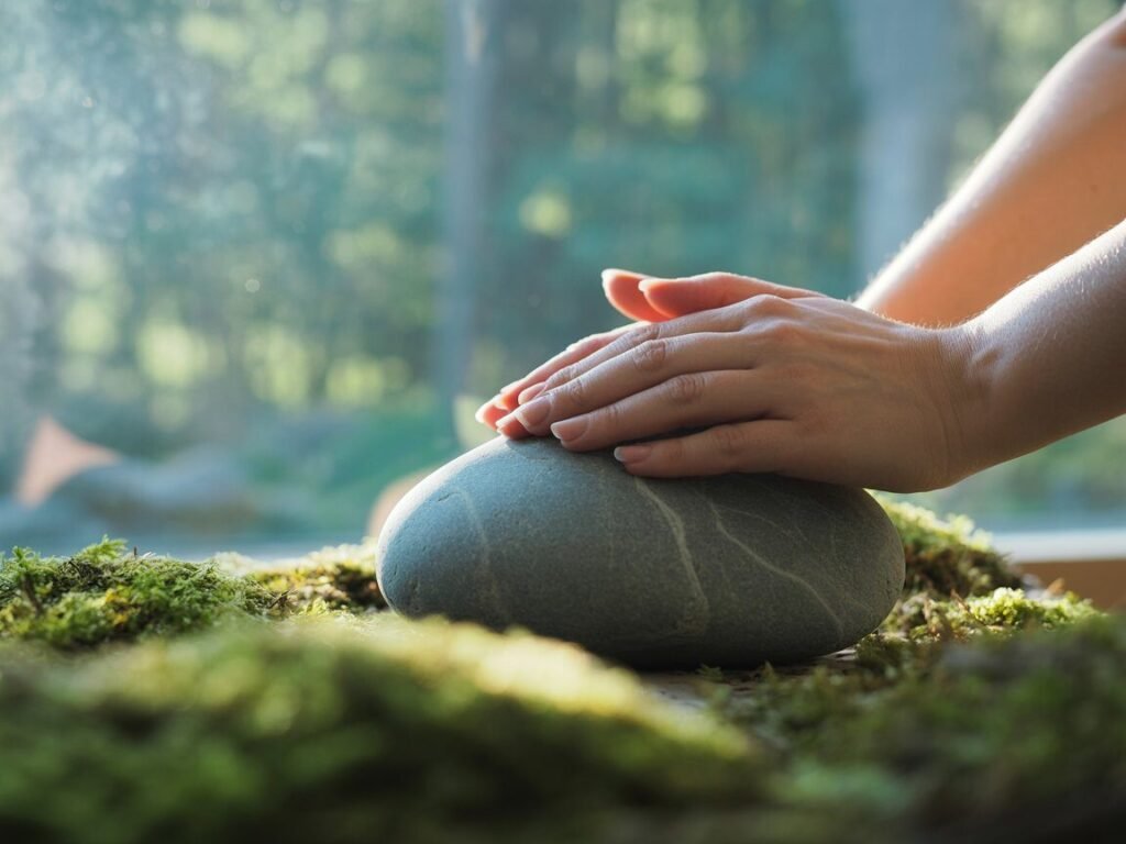 Close-up of hands resting on a smooth stone surrounded by moss, symbolizing grounding and stress relief