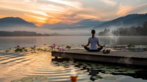 Woman meditating on dock at peaceful mountain lake during sunset with tea and headphones nearby for stress relief