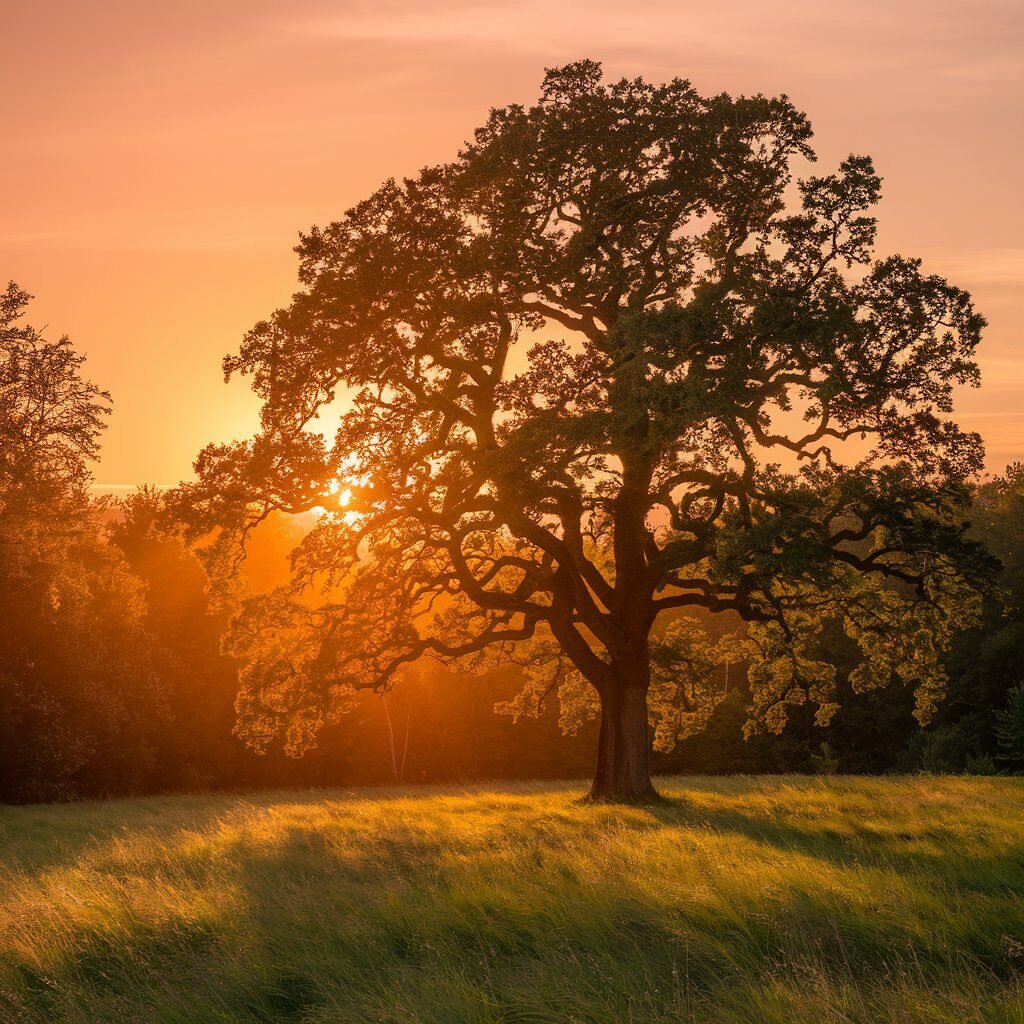 Sunset light shining through large oak tree in grassy field, symbolizing natural calm and stress relief