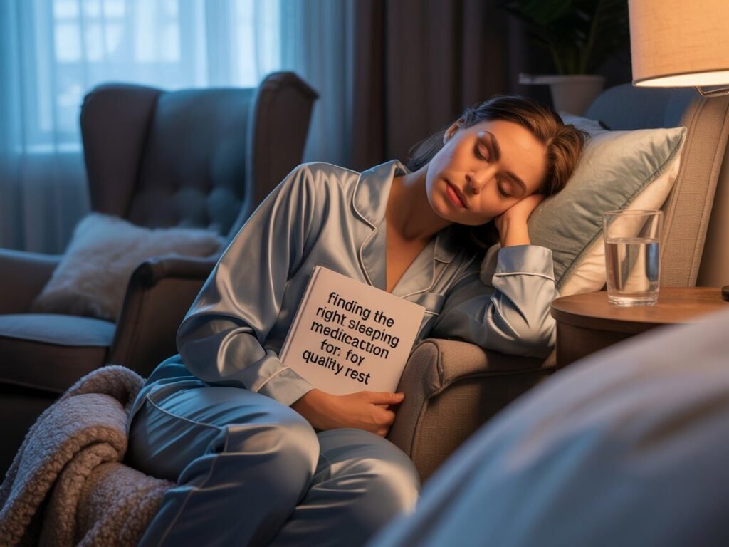 Woman in pajamas asleep in a chair, holding a book titled Finding the Right Sleeping Medication for Quality Rest with a glass of water beside her