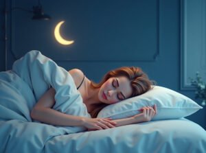 Woman sleeping peacefully in bed with a crescent moon glowing on the wall in a calm, softly lit bedroom