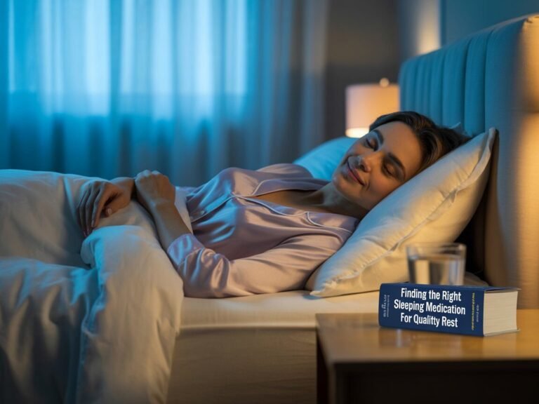 Woman sleeping peacefully in bed with a book titled Finding the Right Sleeping Medication for Quality Rest on the nightstand